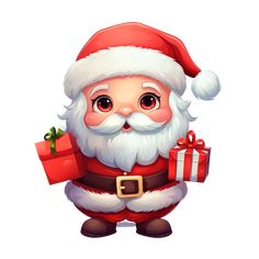 a cartoon santa claus holding two presents