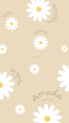 the words are written in different languages on a beige background with white daisies and yellow centers