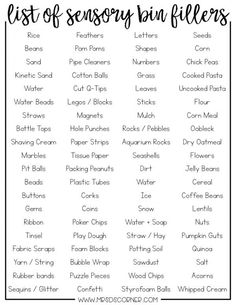 the list of sensory bin fillers is shown in this black and white printable