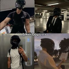 there are pictures of people wearing helmets in the same photo, and one is holding a cell phone