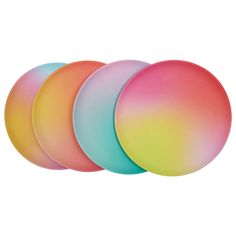 four frisbees in different colors on a white background