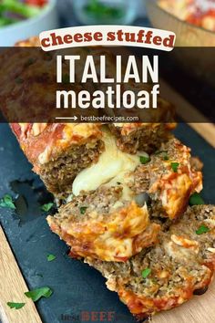 some meatloaf is cut in half and stacked on top of each other with the words cheese stuffed italian meatloaf above it