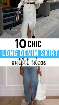 How To Style Long Denim Skirts, White Denim Skirt Outfit Ideas, How To Wear Denim Skirt, Cream Denim Maxi Skirt Outfit, Denim Skirt 2024, Jean Skirt Styling, Long Denim Skirt Styling, How To Style Midi Denim Skirt, Style Denim Midi Skirt