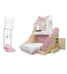 a dollhouse bed with stairs and a slide in front of it, next to a toy house