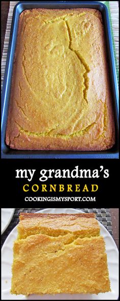 two pictures showing how to make cornbread in the oven and on top of each other