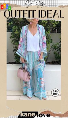 Flroal Print Cardigan Pants Set Bohemian V-neck Sets For Spring, Casual Blue Sets For Spring, Spring Casual Sets With Long Pants, Casual Spring Sets With Long Pants, Spring Casual Long Pants Sets, Spring Sets With Pockets And Relaxed Fit, Spring Loungewear Sets, Spring Wide Leg Sets With Relaxed Fit, Spring Vacation Wide Leg Sets