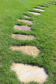 a stone path in the grass with stepping stones