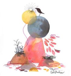 a watercolor painting of a bird sitting on top of a rock with plants growing out of it