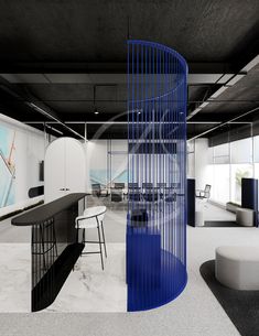 an office with a blue spiral design on the wall and desks in the background