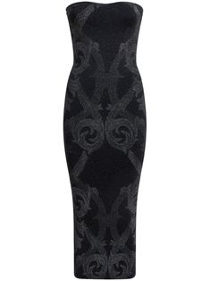 black knitted construction stretch-design patterned jacquard lurex detailing strapless tube design straight hem mid-length Jacquard Knee-length Midi Dress For Evening, Luxury Elegant Jacquard Knit Dresses, Chic Fitted Jacquard Knit Midi Dress, Luxury Jacquard Knit Midi Dresses, Luxury Fitted Jacquard Knit Dress, Tube Midi Dress, Tube Design, Midi Dress Black, Wardrobe Edit