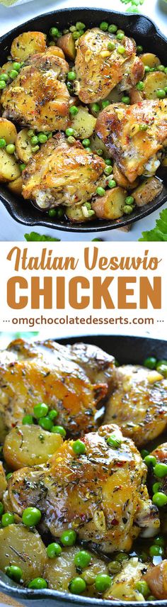 two pictures of chicken and peas in a skillet with the words, autumn vesuvo