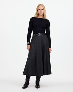 32 3/4' long (based on size 6). 70% wool/30% polyester. Do Well: for each item made at the Fair Trade Certified factory, we contribute to a Community Development Fund managed by the workers. Dry clean. Imported. Select stores. Skirts Denim, Pleated Maxi Skirt, Flannel Women, Denim Skirts, Winter Outfits For Work, Pleated Maxi, Girls Wardrobe, Midi Skirts, All Black Outfit