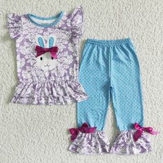 ready to ship and no moq Rabbit Clothes, Short Pants Outfit, Purple Bunny, Ruffle Pants, Cartoon Outfits, Easter Girl, Easter Outfit