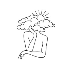 a black and white line drawing of a person with clouds above their head on a white background