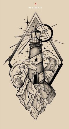 a black and white drawing of a lighthouse on top of a mountain with waves coming out of it