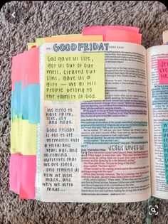 an open bible with the words good friday written on it and colorful sticky notes attached to each page