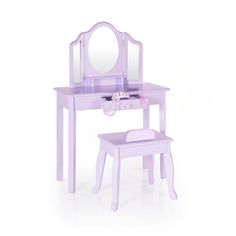 a doll's dressing table and stool with a mirror on the top one side