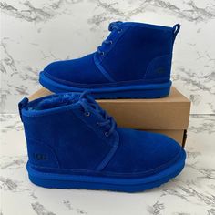 Brand New In Box. 100% Authentic Size 5 In Kids/Men .. Women Size 7 Casual Blue Slip-on Boots, Blue Leather Low-top Boots, Blue Low-top Leather Boots, Blue High-top Winter Boots, Blue Low-top Boots With Rubber Sole, Casual Blue Lace-up Boots, Casual Blue Winter Sneakers, Blue Winter Boots With Rubber Sole, Winter Blue Boots With Rubber Sole