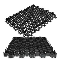 two rows of black plastic trays stacked on top of each other