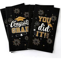 three black graduation napkins with gold foil lettering and fireworks on the top one says congratulations, you did it