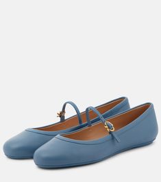 Carla leather Mary Jane flats in blue - Gianvito Rossi | Mytheresa Blue Flat Shoes, Blue Shoes Flats, Leather Mary Jane Flats, Mary Jane Ballet Flats, Patent Leather Ballet Flats, Rossi Shoes, Blue Accessories, Fancy Shoes, Black Ballet Flats