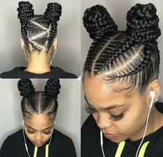 Cornrow Hairstyles For Black Women Pony Tail Protective Styles, Up Do Cornrows Black Women, Unique Cornrow Hairstyles For Black Women, Top Bun Braids Black Hair, Black Updo Braid Hairstyles, Two Bun Braids For Black Women, 2 Braided Buns For Black Women, Braided Bun Black Women, Braids With Two Buns