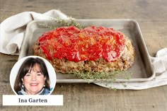 an image of a meatloaf on a tray with a woman's face next to it