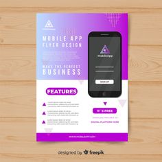 a purple and white flyer with an image of a cell phone on top of it