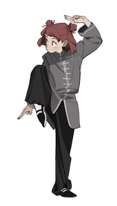 an anime character with red hair and black pants, holding his hand up in the air