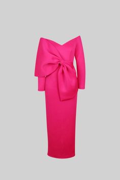 Ribbon Sleeves Dress, Chic Pink Midi Dress For Evening, Elegant Evening Maxi Dress With Bow, Chic Pink Evening Dress For Gala, Chic Formal Maxi Dress With Bow, Elegant Off-shoulder Dress With Bow, Elegant Bow Evening Dress For Spring, Elegant One Shoulder Pink Evening Dress, Elegant One-shoulder Pink Evening Dress