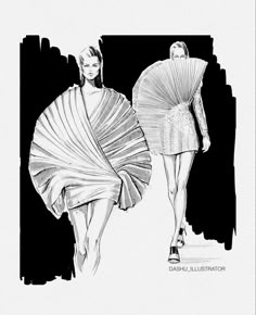 two women are walking down the runway with umbrellas in their hands and one is wearing a dress