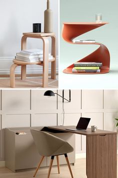 three different types of desks with books on them