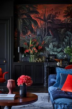 a living room filled with furniture next to a wall covered in plants and paintings on the walls