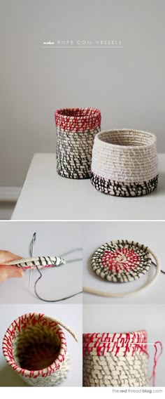 three pictures showing how to make baskets with yarn