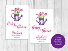 two baby shower cards with tulips in a watering can