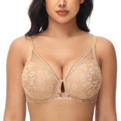 PRICES MAY VARY. Push up bras for women designed with lightweight soft padding help uplift enhance cleavage, lightly lined cups in size C/D mold to a natural bust shape Keyhole cutout at the center front and sheerness along top for a sensual look, elastic trimmings along the neckline for a snug fit Cushioned underwired combining with flexible side boning prevents digging to the skin, offering full support and a comfy fit for everyday wearing Embroidered floral lace over the cups for an elegant e Lace Bra Top, Full Cup Bra, Push Up Pads, Lounge Lingerie, Everyday Bra, Cut Out Design, Comfy Fits, Underwire Bra, Sheer Fabrics