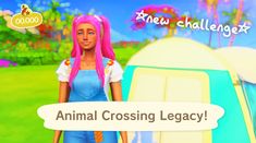 an animal crossing game with a girl in blue overalls and pink hair standing next to a tent