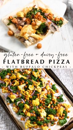 the flatbread pizza is topped with chickpeas and spinach