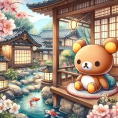 a painting of a teddy bear sitting on a ledge in front of a pond with koi fish