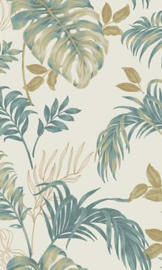 an image of a wallpaper with leaves and plants in gold, blue, and green colors