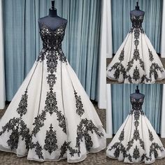 black and white wedding dress on mannequins in front of curtained window