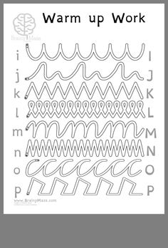 an alphabet worksheet with the words warm up work written in black and white