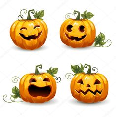 four pumpkins with faces carved into them, all in different styles and sizes on white background