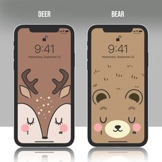 two phone cases with deer faces on them, one is brown and the other is white