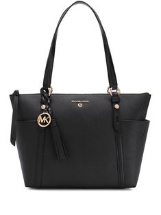 Black leather Nomad top-zip tote bag from Michael Michael Kors featuring a gold-tone logo plaque, a logo tag, a gold-tone top zip fastening, top handles and an internal zipped pocket. Mk Tote Bag, Sac Michael Kors, Michael Kors Bag Black, Everyday Purse, Gold Bag, Bags Aesthetic, Zip Tote, Logo Tag, Big Bags