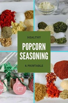 four different images with the words healthy popcorn seasoning and printable tags