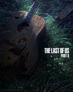 the last of us part ii poster with an acoustic guitar laying on the ground in grass