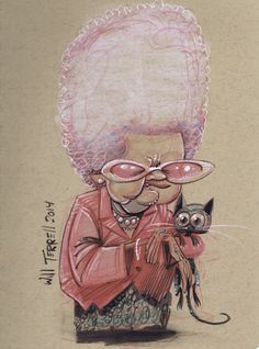 a drawing of a woman with pink hair and glasses holding a black cat in her lap