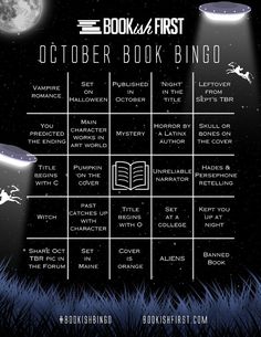 an image of the book of first october book bingo poster with text on it