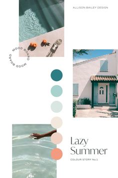 the lazy summer color story book is shown in blue, green and pink tones with an image of a woman swimming